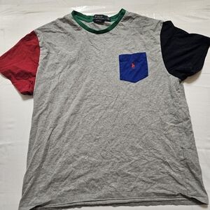 Polo Ralph Lauren Gray T Shirt Large Cotton Red Blue Sleeve
